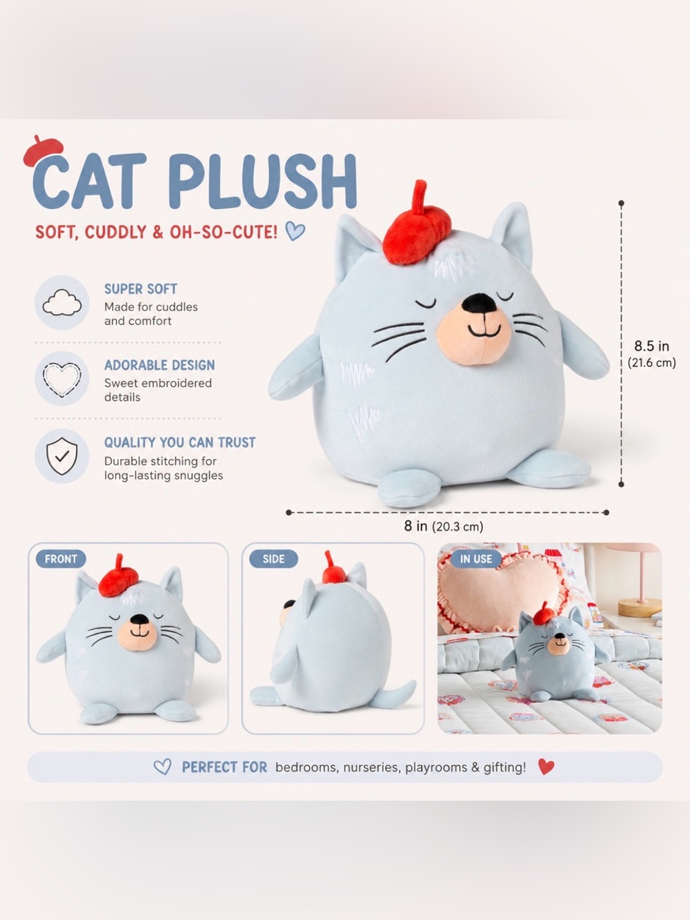 NWT Pillowfort Weighted Cat Plush – Light Blue with Red Beret